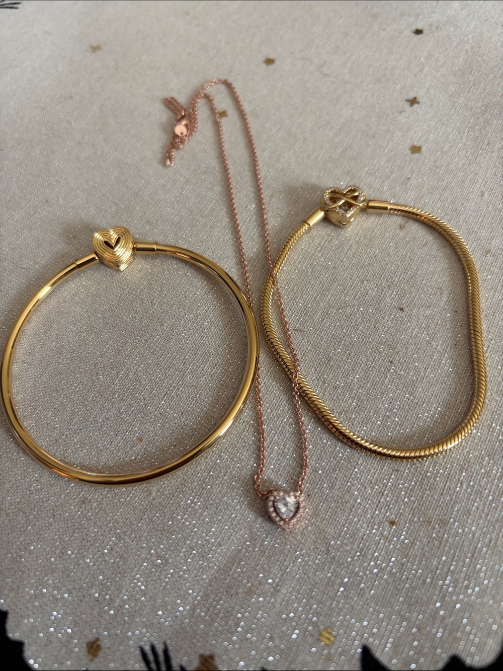 Gold Heart Bangle Bracelet and Rose Gold Heart Pendant Necklace Set # 7